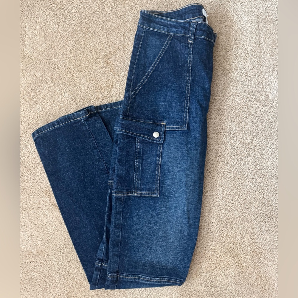 Forever 21 Cargo Jeans Dark Wash‎ Denim Straight Legside pockets 80’s y2k - Picture 2 of 11